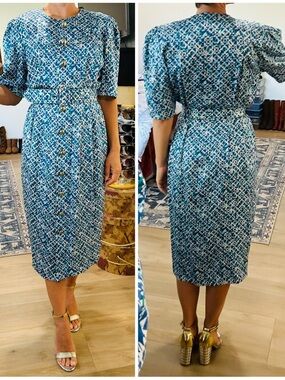 Vintage Silk Geometric Print Button Down Dress